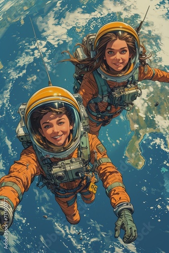 Two young people in spacesuits fly around the planet earth