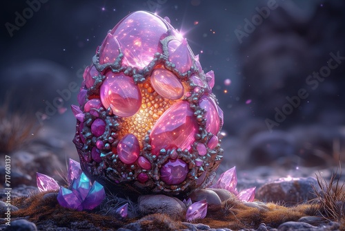 porcelain egg completely covered with geodes and crystals of different sizes, colors of the rainbow spectrum photo