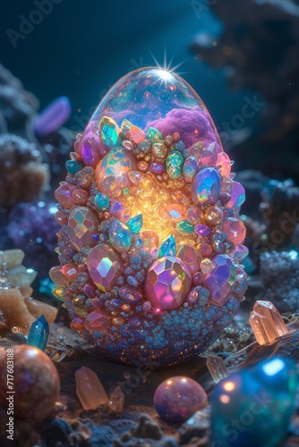 porcelain egg completely covered with geodes and crystals of different sizes, colors of the rainbow spectrum