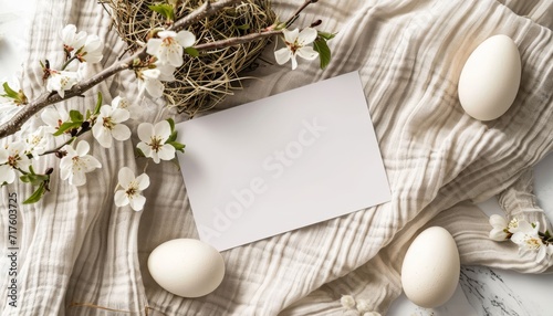 Mockup for a greeting card. Blank greeting card on a table with flowers. Colorful Easter eggs and spring flowers on easter festive background. Happy Easter! Empty greeting card, postcard or banner.