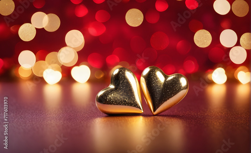 Two small gold heart on a sparkling red background, Valentine's Day, Christmas. Generative AI