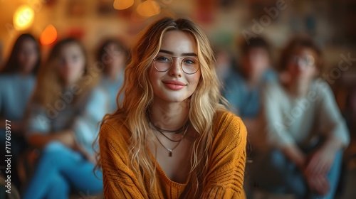 Smiling young woman in orange top focused in a crowd. casual and friendly, perfect for lifestyle use. AI © Irina Ukrainets