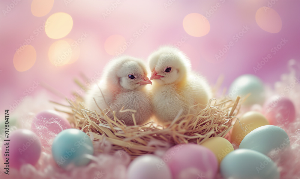 two chicks in a small basket. Pastel colored easter eggs floating around, in the style of dreamcore. two chicks in a small basket. Pastel colored easter eggs floating around, in the style of dreamcore.