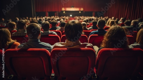 Rear view of people on armchairs watching a movie, a play, a concert in a cinema, a theater. Entertainment, movie night, weekend and vacation concepts.