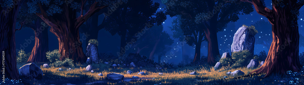 in the middle of the forest at night with moonlight in pixel art style, pixel art background, forest at night, rpg game background, background with a ratio size of 32:9