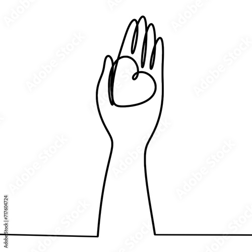 Heart on hand one line art drawing 