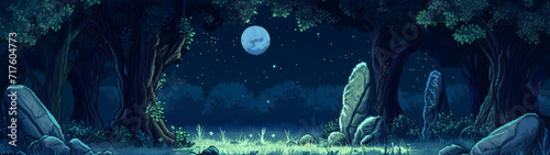 in the middle of the forest at night with moonlight in pixel art style, pixel art background, forest at night, rpg game background, background with a ratio size of 32:9