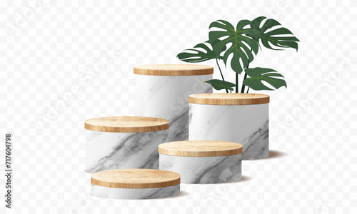 3D Vector wooden and marble stone podium presentation mock up, show cosmetic product display stage pedestal background design