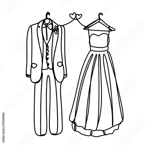 Bride and groom wedding outfits one line art
