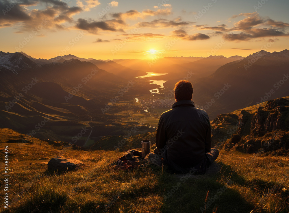 A young man enjoying looking at the stunning scenery on the high mountain before sunset. A young man enjoying looking at the stunning scenery on the high mountain before sunset.
