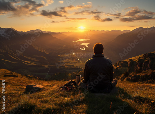 A young man enjoying looking at the stunning scenery on the high mountain before sunset.