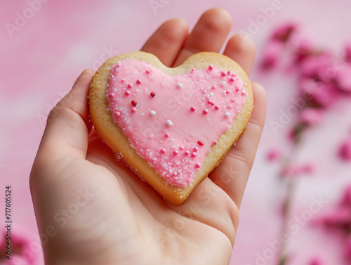 Hand holding homemade heart cookie for valentines