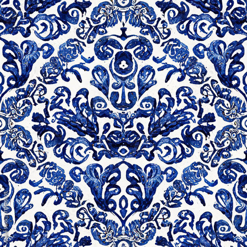 Wallpaper Mural Watercolor painted indigo blue damask seamless pattern on a white background. Spanish tile with hand drawn Baroque and floral ornaments in Mediterranean majolica ceramic painting style. Torontodigital.ca