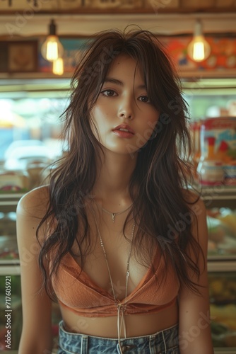 photography of a beautiful Korean woman with long hair wearing a T-shirt and denim shorts in a grocery store in Seul in the 1970s