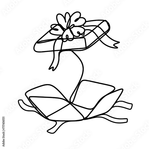Open gift box with ribbon one line drawing 