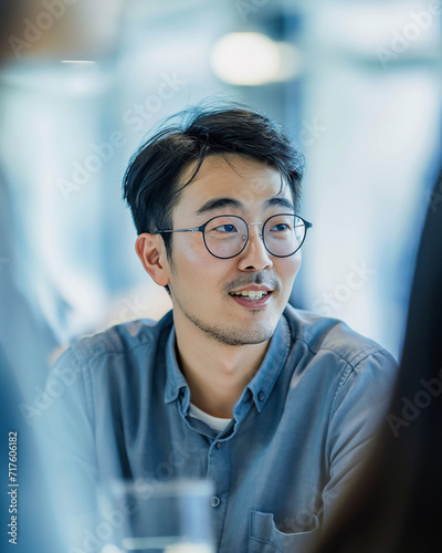 Asian man at work having a conversation or meeting