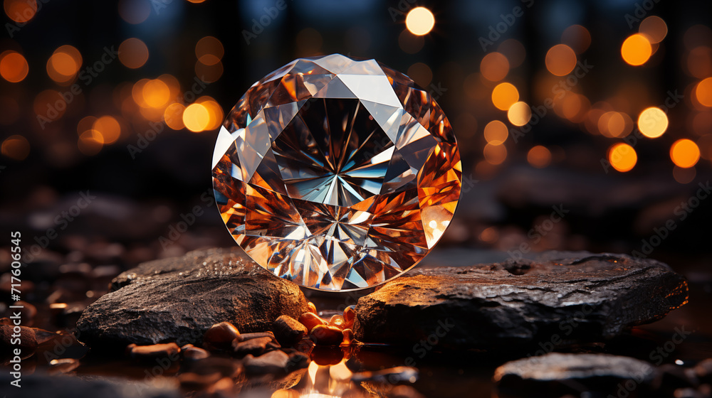 Close up photo of elegant diamond on the natural stone ground with warm orange lights on the background Close up photo of elegant diamond on the natural stone ground with warm orange lights on the background