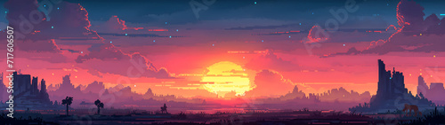 sunset on savanna and hills, pixel art background, rpg game background, background with a ratio size of 32:9 photo