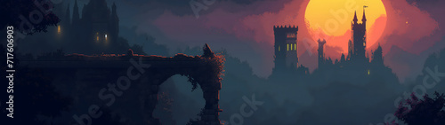 sunset over ancient castle ruins in pixel art style, pixel art background, rpg game background, background with a ratio size of 32:9