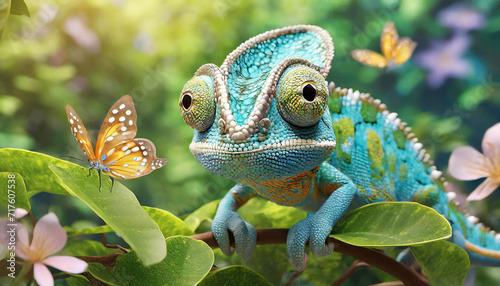 Illustration of a cute baby chameleon lizard in 3D in a garden of butterflies and lush greenery. photo