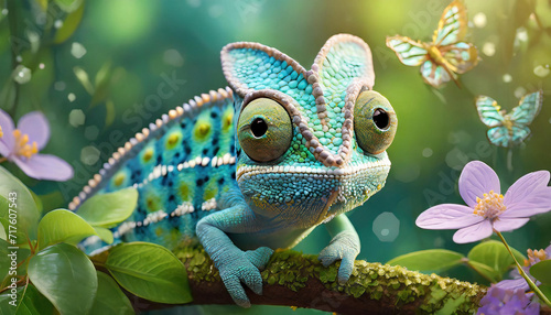 Illustration of a cute baby chameleon lizard in 3D in a garden of butterflies and lush greenery. © Inge