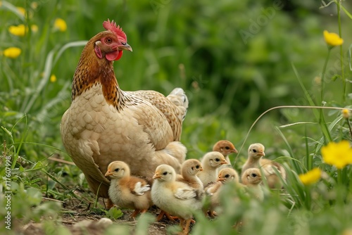 Chicks with Hen in Field photo