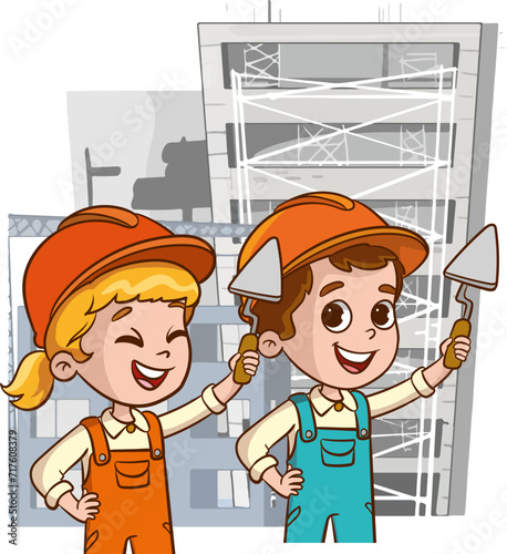 Cartoon little boy and girl building a house. Vector illustration.