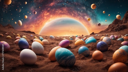 Photo of colorful easter eggs on planet in space