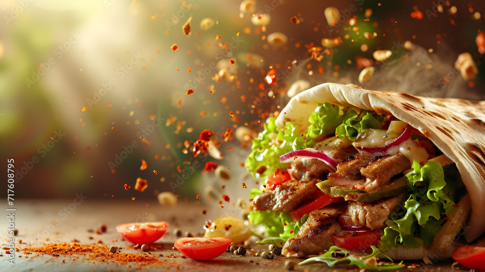 fresh grilled beef turkish or chicken arabic shawarma doner sandwich with flying ingredients and spices hot ready to serve and eat food commercial advertisement menu banner, generative ai - obrazy, fototapety, plakaty 