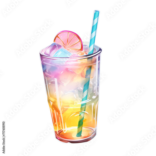 holographic sticker on a transparent background. Drinks, colorful cocktails with a straw. tropical cocktail. 