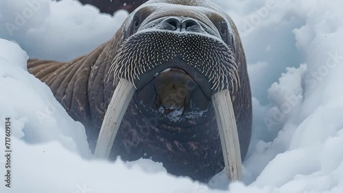 Closeup of a majestic walrus with its large tusks poking out from a thick layer of snow on the ice. photo