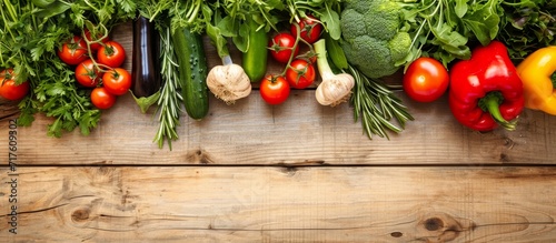 Organic vegetables and herbs displayed on a wooden background