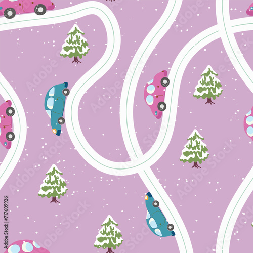 Seamless pattern with cute cars, christmas tree on blue winter background. Cartoot transport. Vector illustration. Doodle style. Design for baby print, invitation, poster, card, fabric, textile.