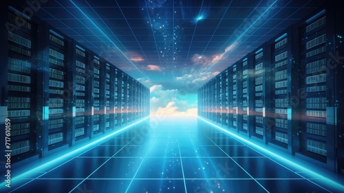 Corridor View of Working Data Center with Cloud Storage Advantages - IT, AI, and Big Data