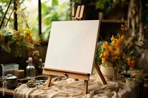 An easel with a canvas on a frame for a future painting in the artist's studio