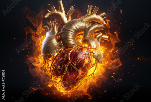 Human heart organ surrounded by radiant red and yellow flames, isolated black background.