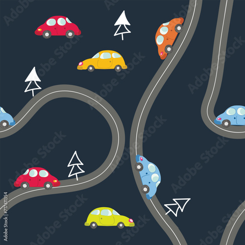 Seamless pattern with cute cars on blue background. Cartoot transport. Vector illustration. Doodle style. Design for baby print, invitation, poster, card, fabric, textile