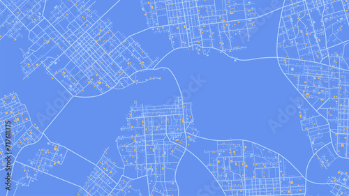 Top, aerial or bird's eye view of modern city. Abstract navigation plan of huge urban area. Generic city map with signs of streets, roads, house. Colored flat, editable vector illustration