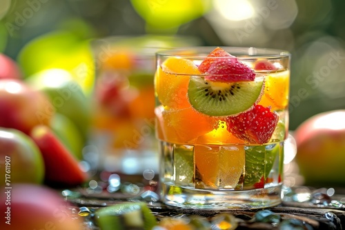 Two glasses of fresh fruit salad on a bokeh background.