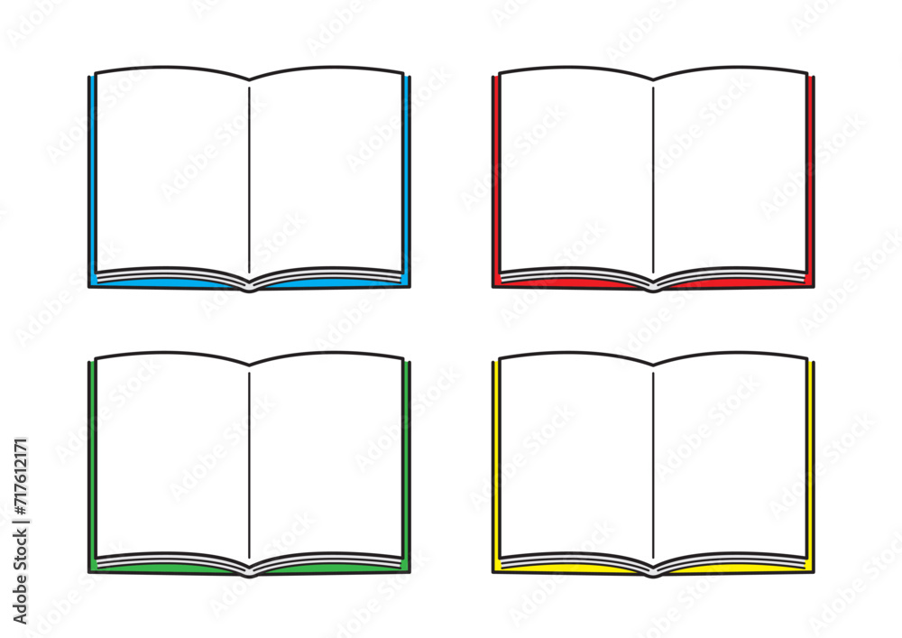 開いた本のシンプルなイラスト4色セット　Simple illustration of an open book, 4-color set - obrazy, fototapety, plakaty 