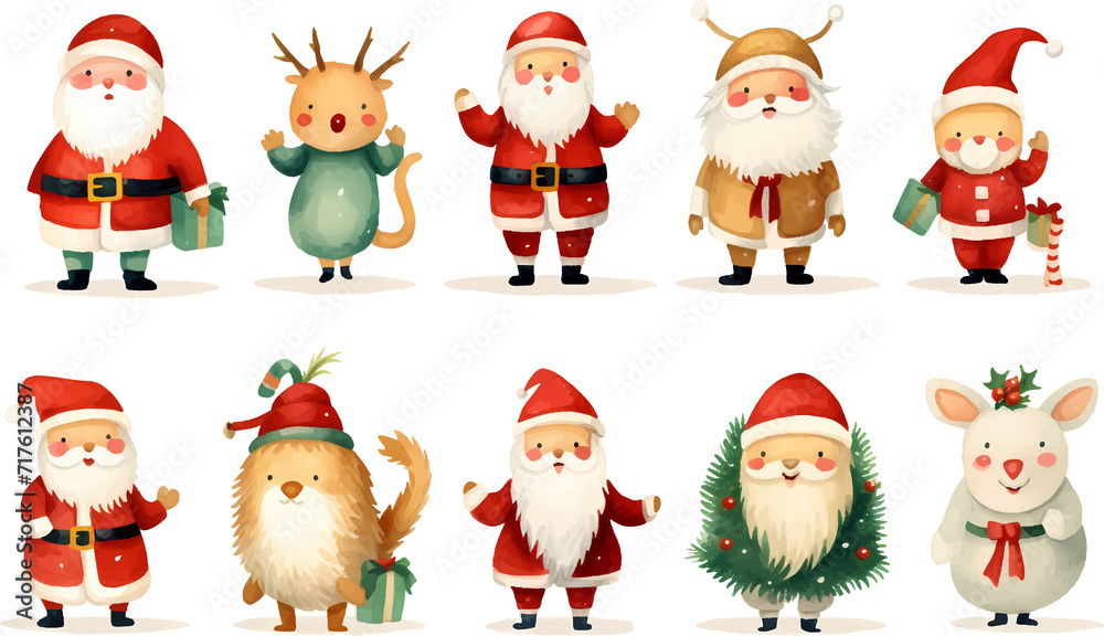 Collection of Christmas characters and icons on transparent background