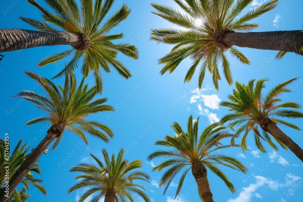 Tropical palm trees against a clear blue sky with sunlight peeking through the leaves. Tropical palm trees against a clear blue sky with sunlight peeking through the leaves.