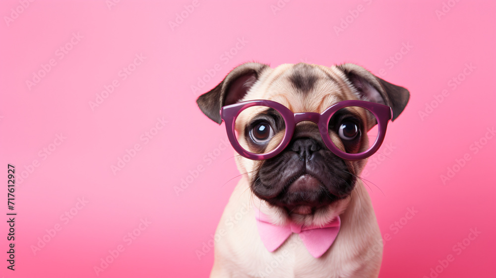 Cute dog with glasses on a pink background