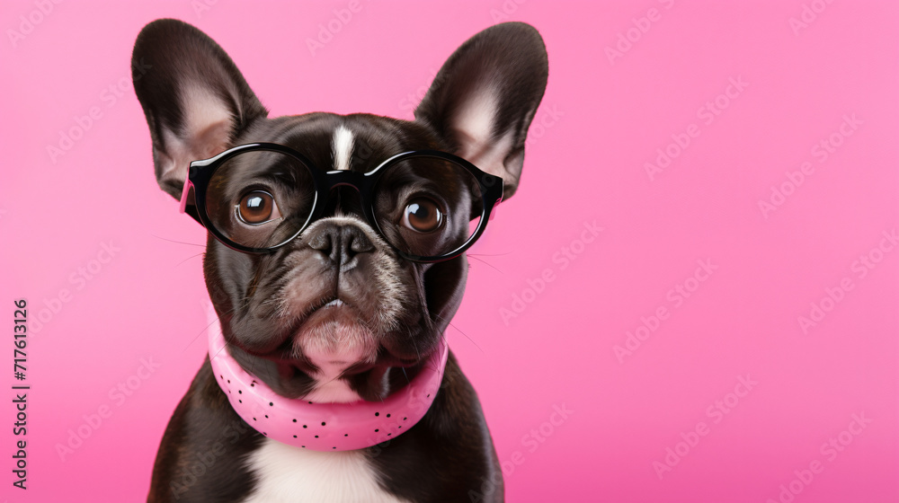 Cute dog with glasses on a pink background