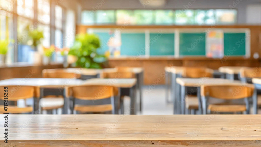 Empty desk top of an elementary school desk on blur classroom background, Mockup banner for display of advertise product Empty desk top of an elementary school desk on blur classroom background, Mockup banner for display of advertise product