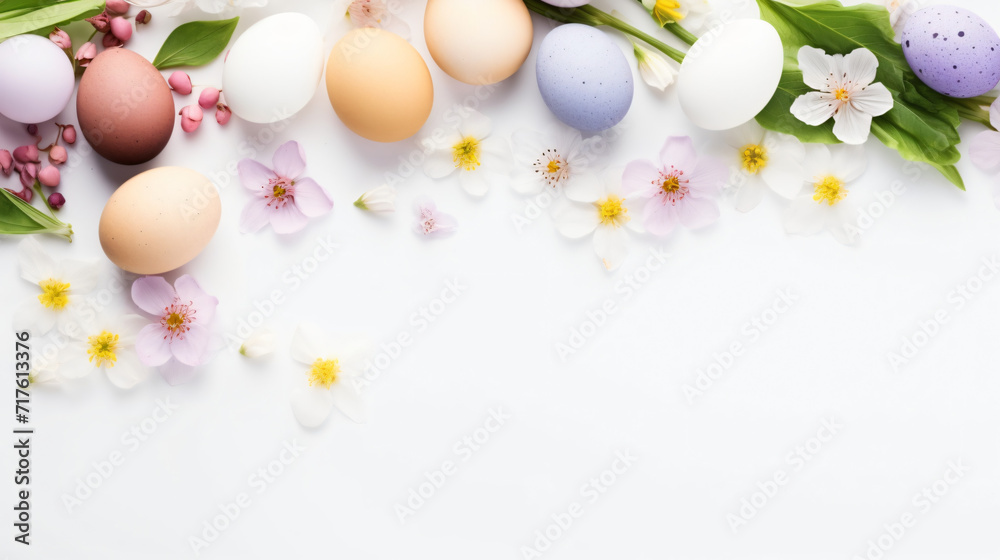 Easter card with eggs and spring flowers on a white background