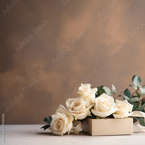 White roses and minimal background  gift for happiness moment  Love  couple  Anniversary  Valentine s day  wedding and love concept  Generative AI.