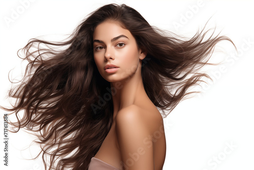 closeup of beautiful young female model woman shaking her beautiful hair in motion. ad for shampoo conditioner hair products. isolated on white background