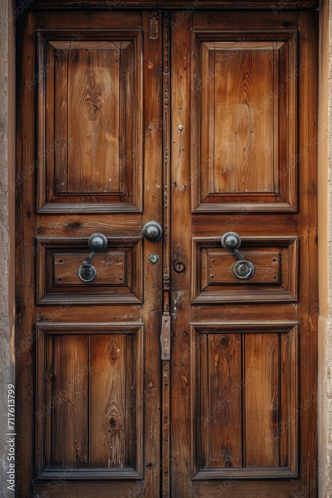 A detailed view of a wooden door on a building. This image can be used to depict architecture, entrances, or rustic elements in design projects A detailed view of a wooden door on a building. This image can be used to depict architecture, entrances, or rustic elements in design projects