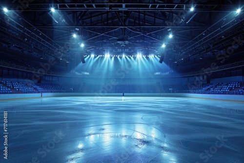 An empty ice rink with lights shining on it. Perfect for winter sports or holiday-themed designs